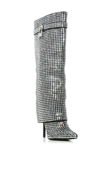 Silver Rhinestone Knee-High Women's Stiletto Boots