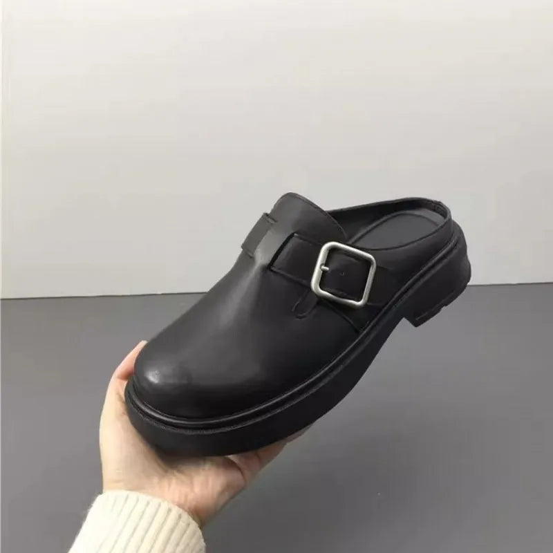 Versatile Genuine Leather Round Toe Mule Slippers for Women