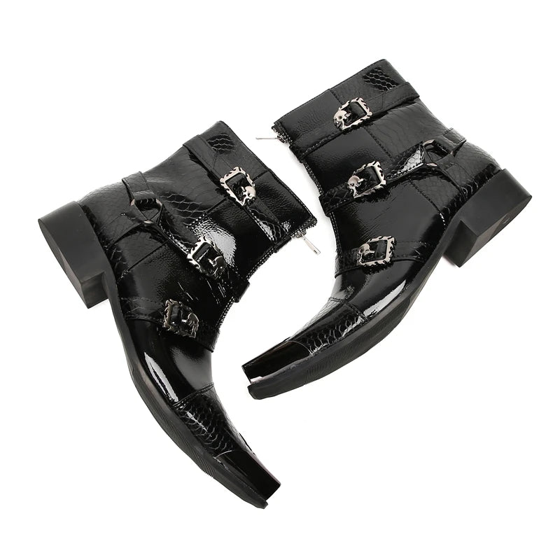 Man's Black Square Iron Metal Toe Belt Buckles Med Heels Height Increasing Ankle Boots