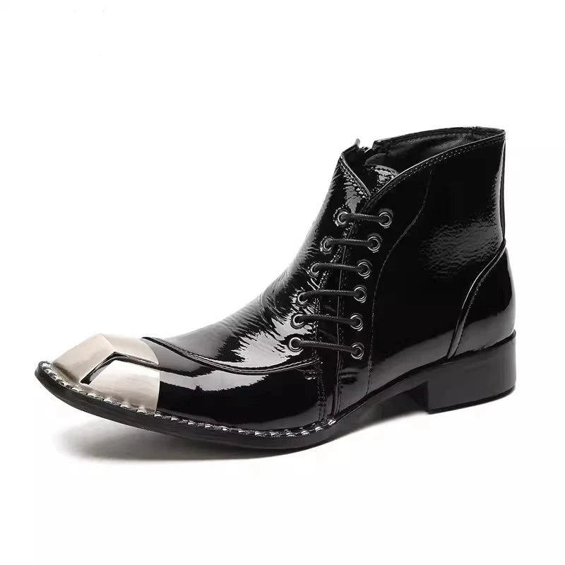 Men Metal Square Toe Rivets Lace Up Business Black Genuine Leather Boots