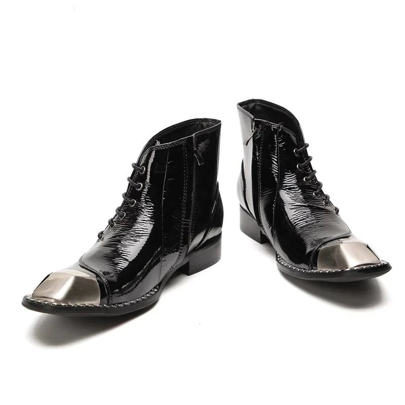Men Metal Square Toe Rivets Lace Up Business Black Genuine Leather Boots