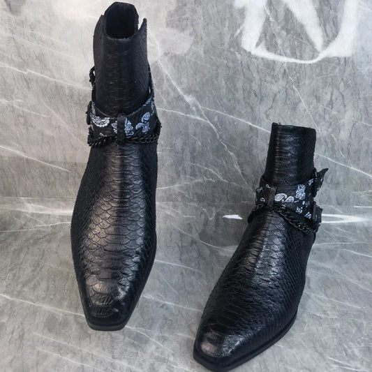 Buckle Strap Men's Leather Ankle Boots Crocodile Chain Print Black Shoes