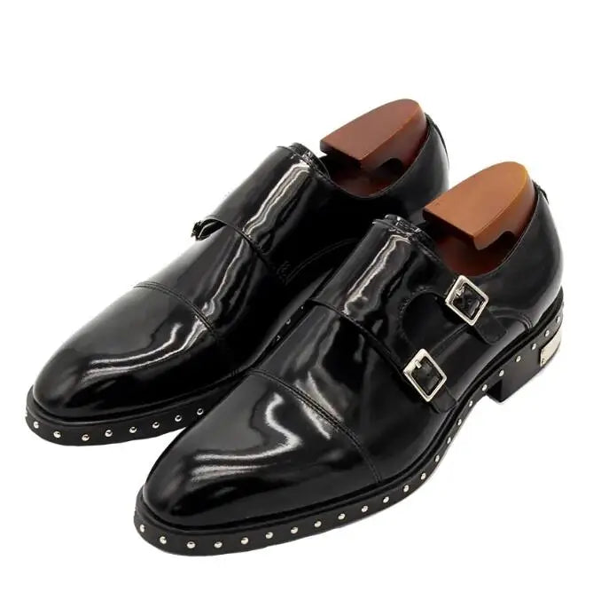 Classic Monk Strap Gentlemen Oxfords Full Grain Leather Rivets Handmade Shoes
