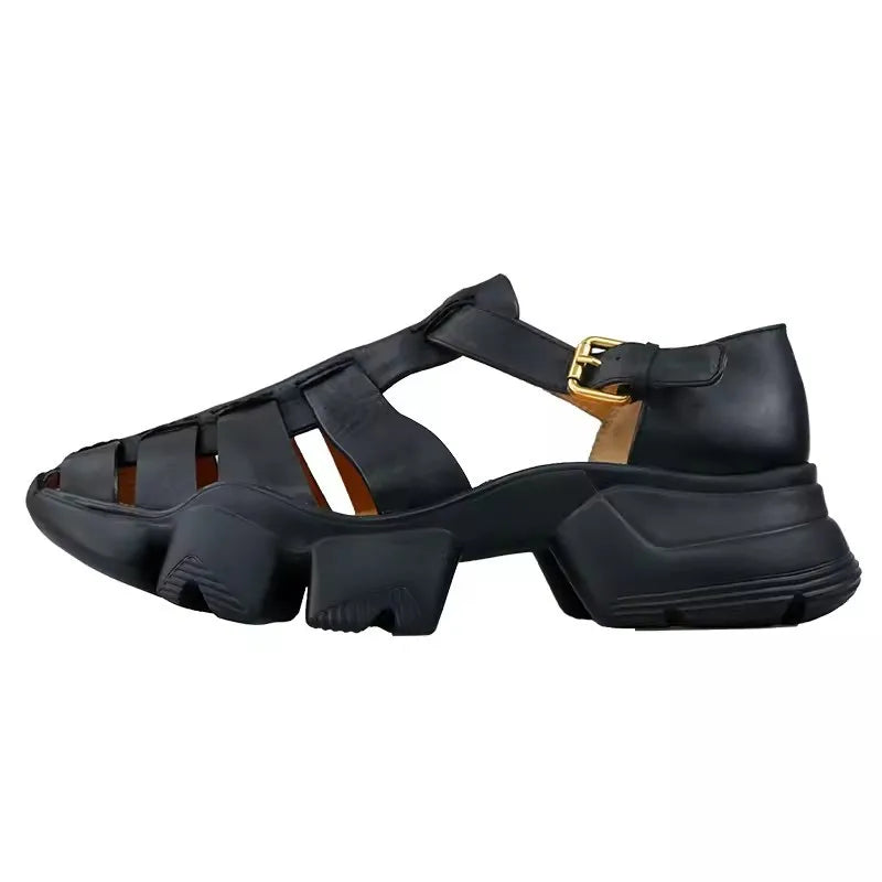 Men's Genuine Leather Gladiator Sandals with Buckle Strap and Thick Bottom