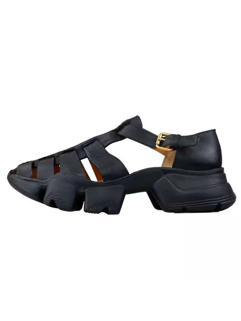 Men's Genuine Leather Gladiator Sandals with Buckle Strap and Thick Bottom