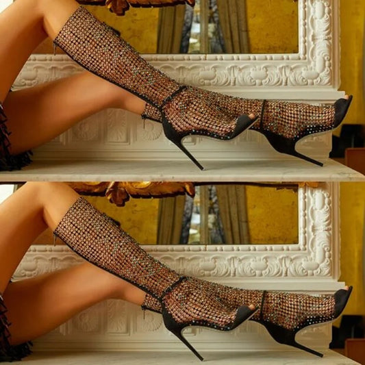Luxury Black Net Mesh Knee High Boots Peep Toe Bling Bling Crystal Embellished Tight High Boot Cut-out Party Dress Shoes