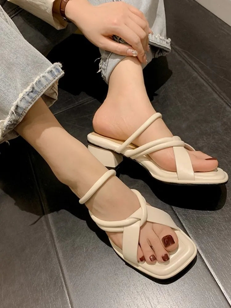 Square Toe Chunky Heels Elegant Designer Slippers Office Lady Open Toe Casual Shoes