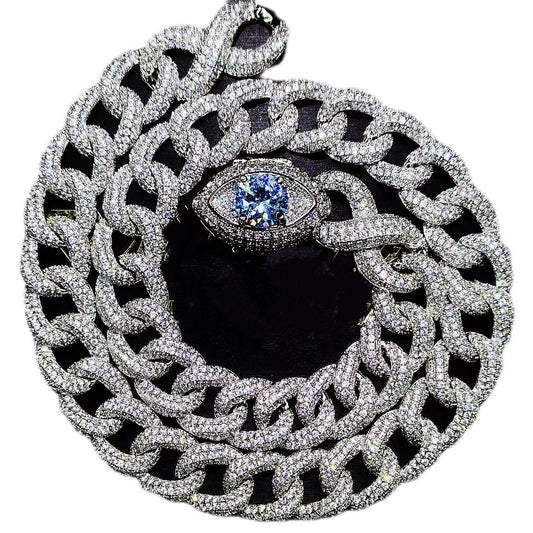 Iced Out Eye Cuban Link Necklace, Platinum-Tone, Hip-Hop Jewelry
