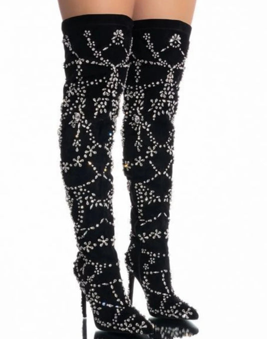 Crystal Embellished Black Stiletto High Heels Over knee Elasticity Boots Women Shoes