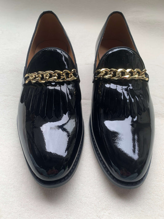 Men Patent leather Shoes metal chain Loafers