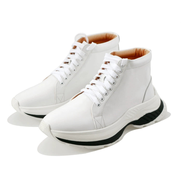 Round head sports high-top first-layer cowhide lace-up short boots increase the height of trendy men's thick soles