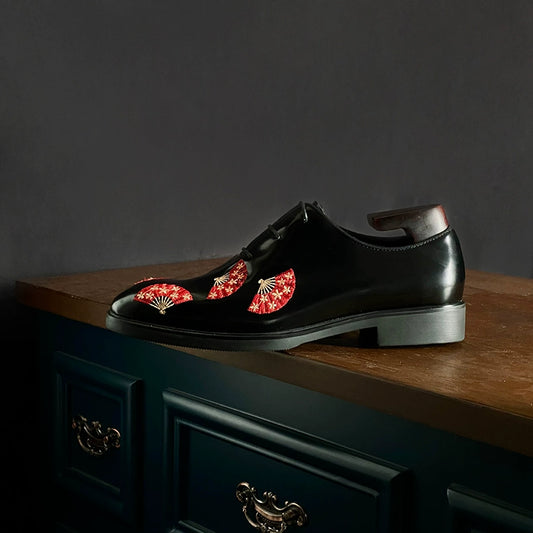 Embroidered leather shoes Chinese style orange fan Oxford shoes cowhide formal gentleman's shoes