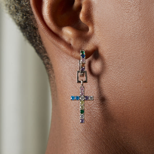 Iced Out Rainbow Cross Earrings Men’s Hip-Hop Jewelry