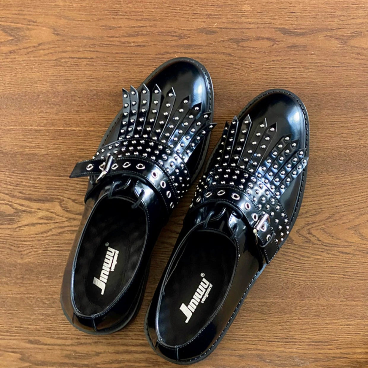 Rivet Munch shoes fringed buckle with oil black cowhide casual fashion shoes personalized leather shoes