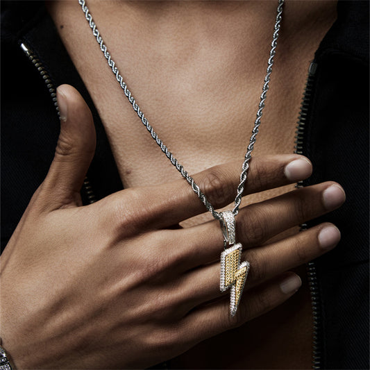 Iced Out Lightning Bolt Pendant, Gold-Tone, Hip-Hop Necklace