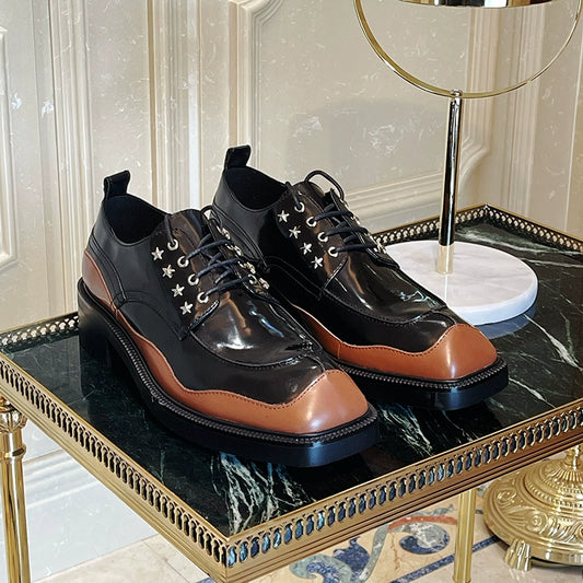 Special-shaped head leather shoes casual heightening platform cowhide lace-up color matching derby men's shoes