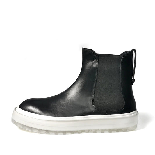 Transparent sole men's boots first layer cowhide Chelsea boots round head thick sole casual short boots