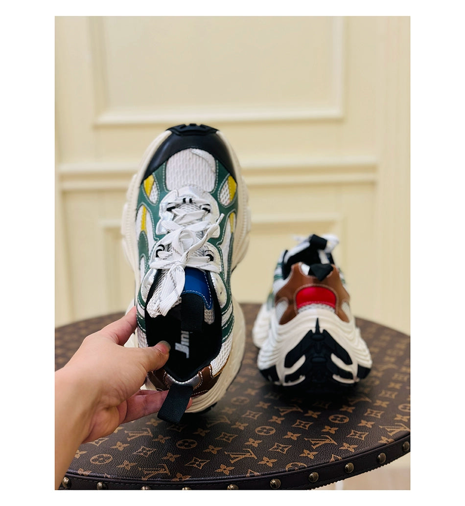 Contrasting color dad shoes black, green and yellow heightening cowhide original 8CM trendy fashion casual sports shoes