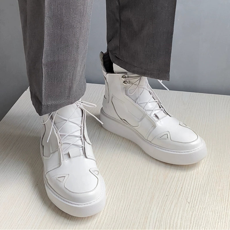 Sports white boots cowhide lace-up trendy men's British leather boots ultra-light bottom white shoes short boots