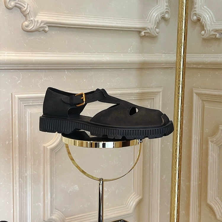 Hollow leather shoes frosted cowhide square head comfortable casual leather sandals hipster