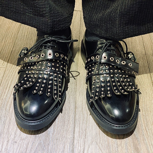 Rivet Munch shoes fringed buckle with oil black cowhide casual fashion shoes personalized leather shoes