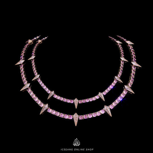 Pink Zirconia Spike Necklace, Gold-Tone, Hip-Hop Statement Piece