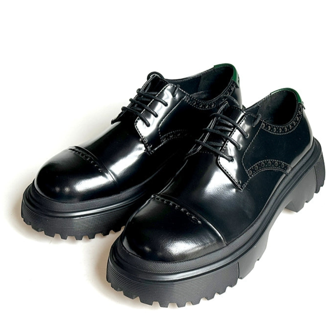 Leather shoes spring and autumn new leather fashion casual shoes pure black big head thick sole light men's shoes