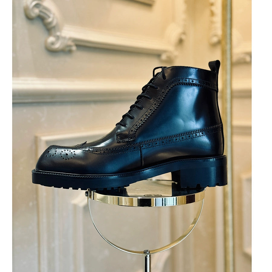 Carved Martin boots thick-soled special-shaped head pedicure cowhide bright black leather boots flat men's boots