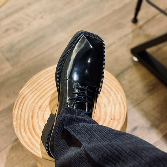 Special-shaped leather shoes personalized bottom first layer cowhide lace-up men's shoes black platform derby shoes