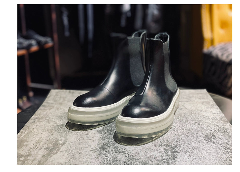 Transparent sole men's boots first layer cowhide Chelsea boots round head thick sole casual short boots