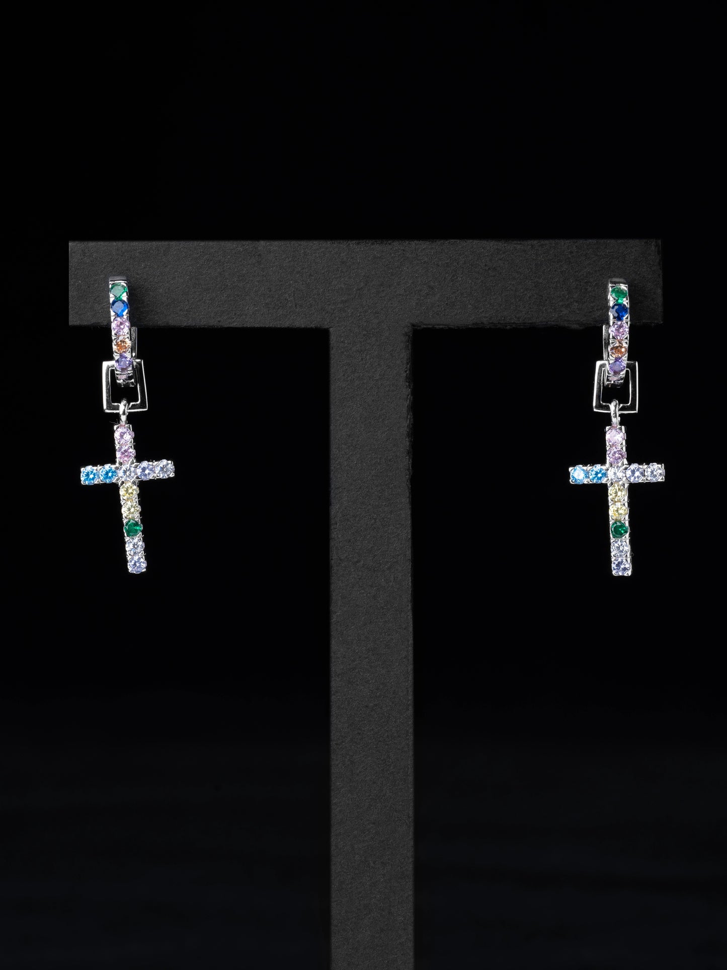Iced Out Rainbow Cross Earrings Men’s Hip-Hop Jewelry