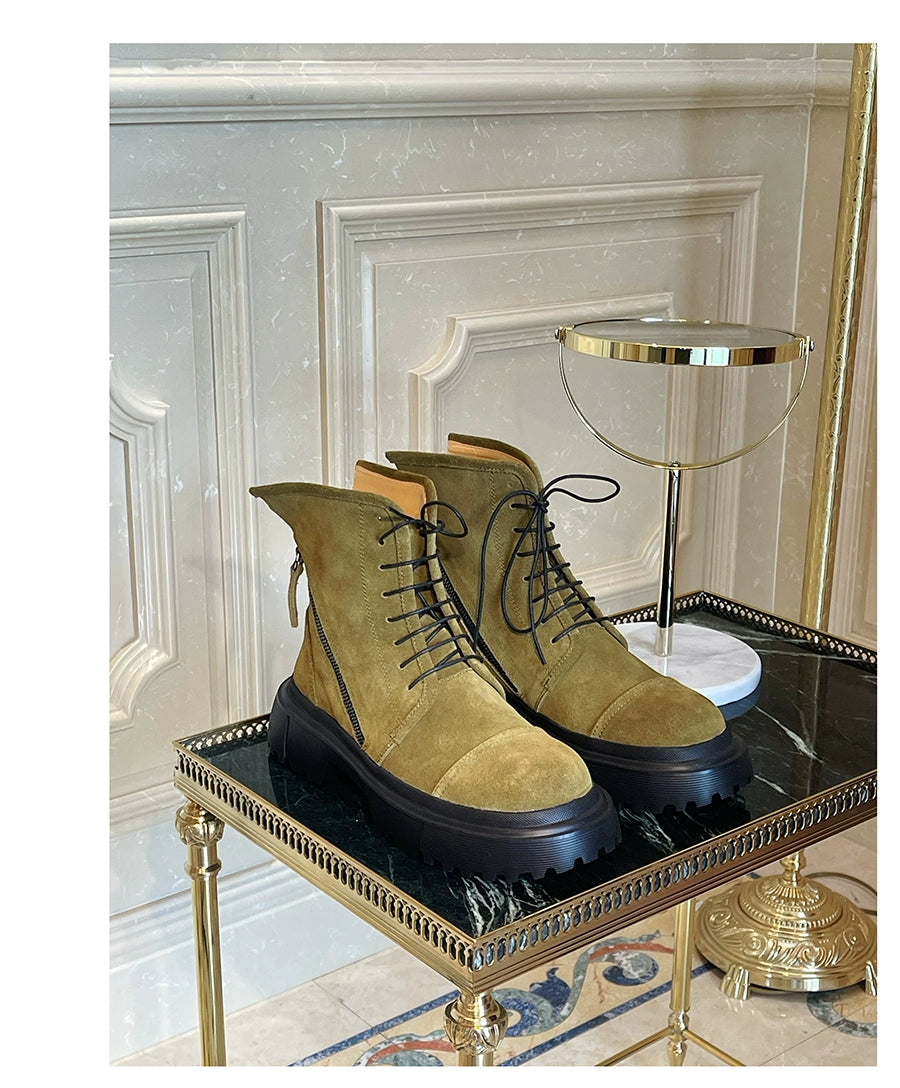 Green Martin boots frosted dark green lace-up double zipper round head heightened platform short boots