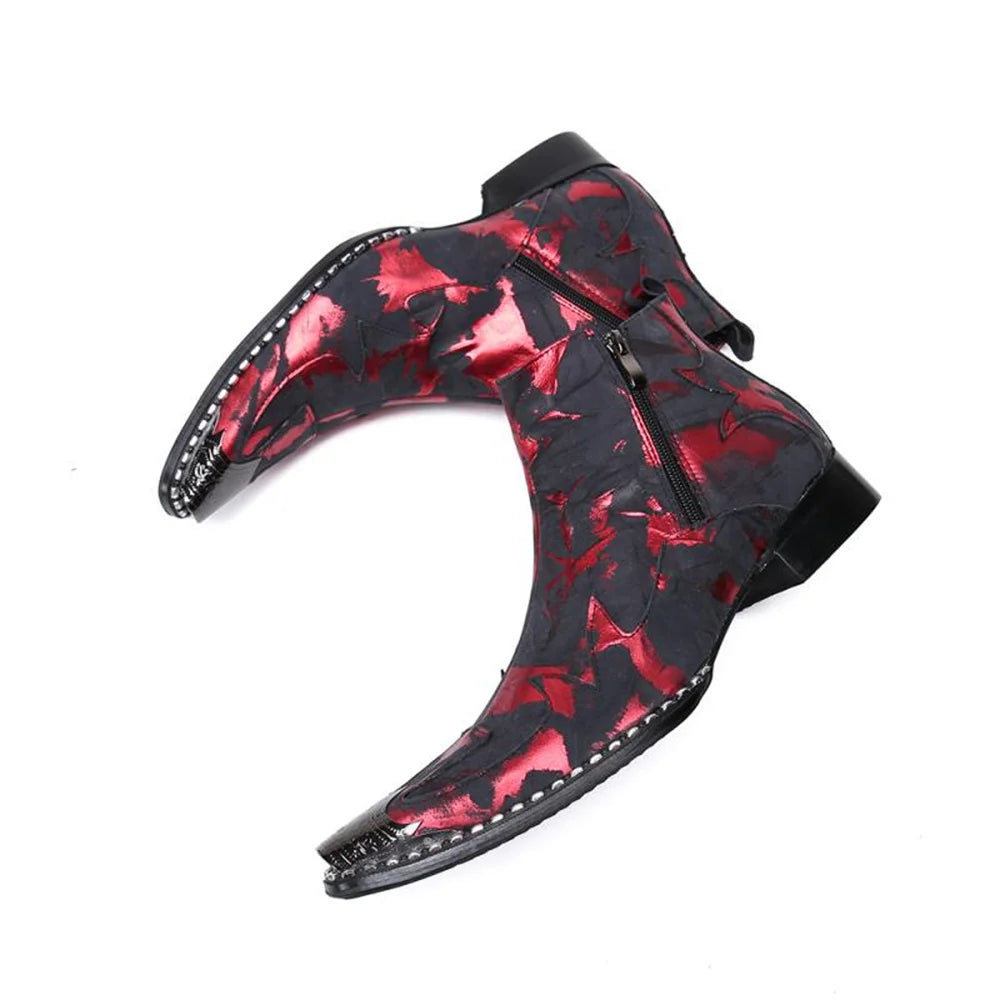 Printing Zipper With Metal Bordered High Heels Pointed Toe Boots Male Shoe