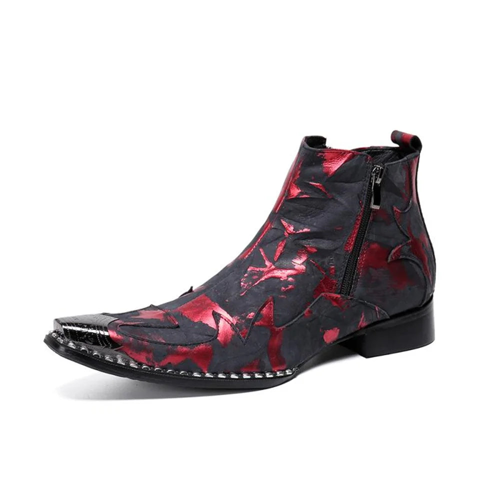 Printing Zipper With Metal Bordered High Heels Pointed Toe Boots Male Shoe