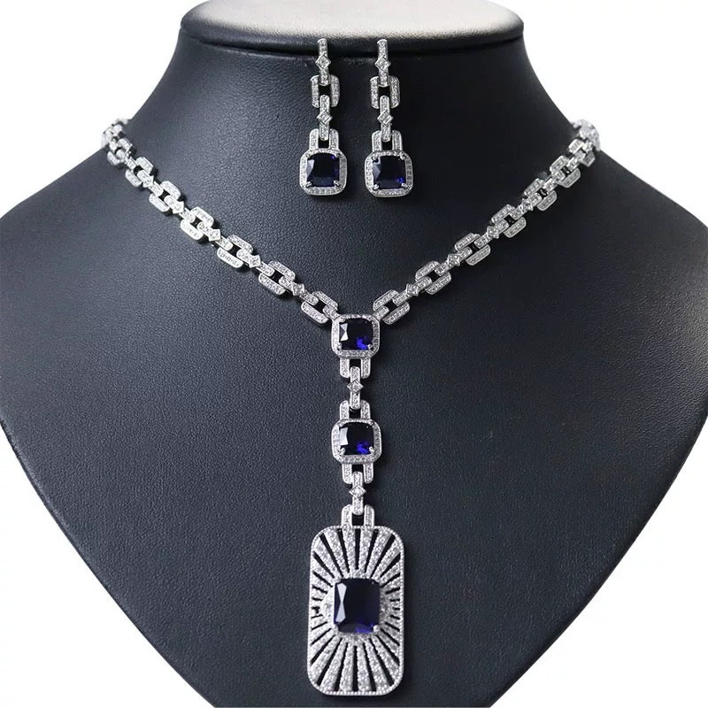 Red Zirconia Bridal Jewelry Set Platinum Tone Wedding Necklace Earrings