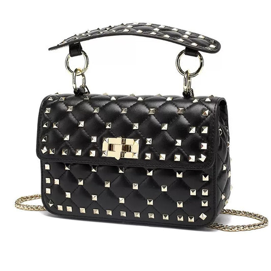 Rivet decoration Black Genuine Leather women Bags