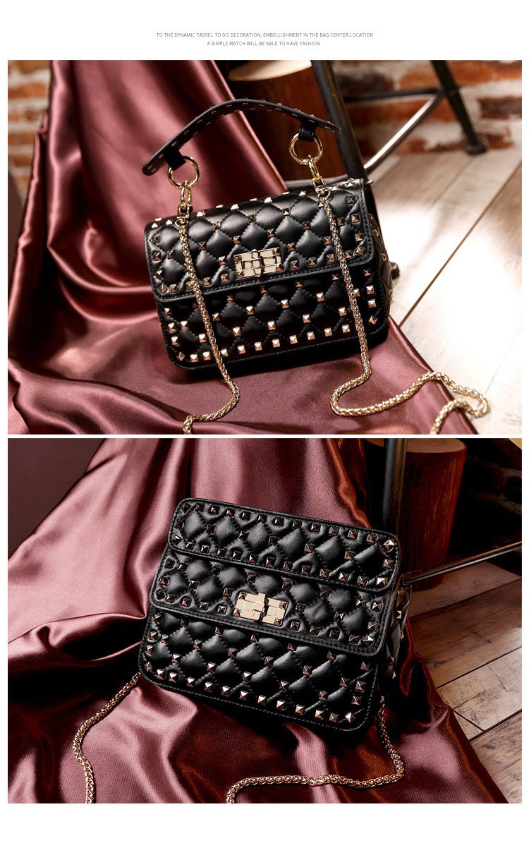 Rivet decoration Black Genuine Leather women Bags