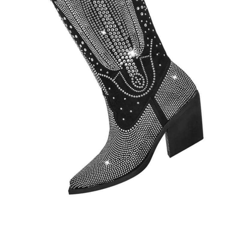 Handmade Hot Rhinestone Retro Western Cowboy Boots Women Performance Runway Fashion Thick Heel Knee High Boots
