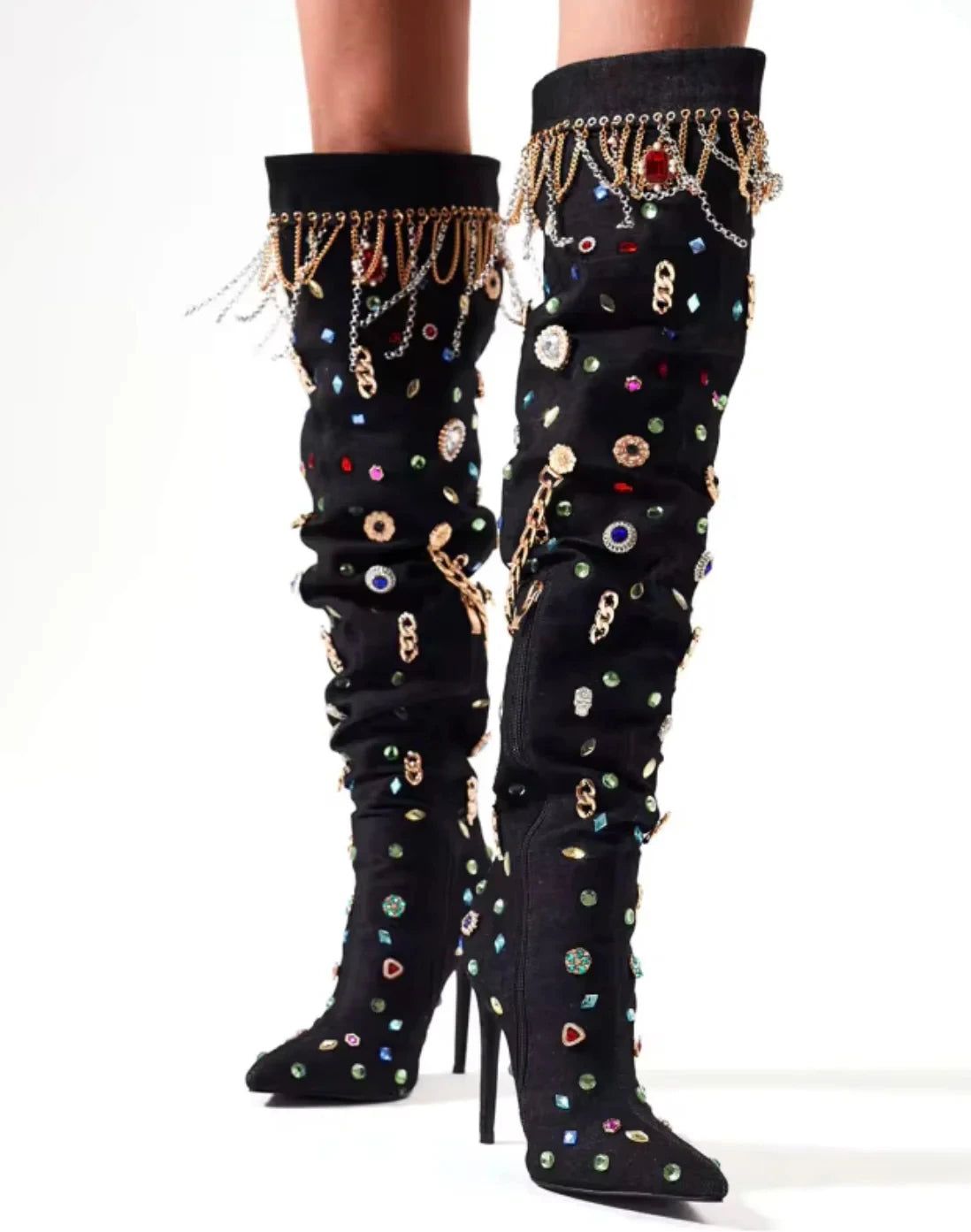 Women Shining Rhinestones Chains Over Knee Boots Pointed Toe Black Suede Side Crystals Tassels Stiletto Heel Long Boots