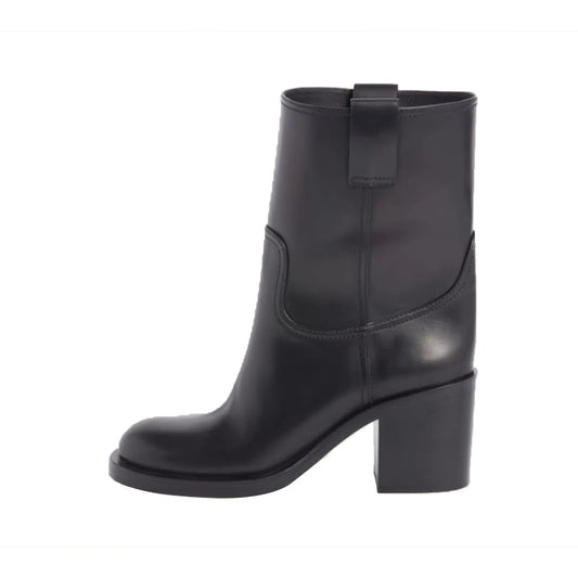 Cowhide Ankle boots Black Round toe Pull-on Chunky heels Modern boots simple style large size boots