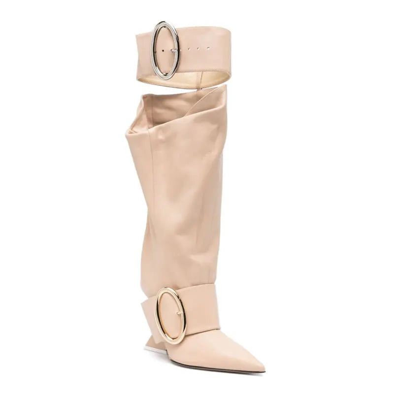 Women's Belt Buckle Knee Length Boots Fashion Pointed Heel Large Thigh High Boots