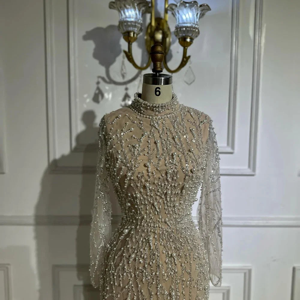 Elegant High Neck Empire Waist Beaded Floor-Length Tulle Long Sleeve Evening Dress