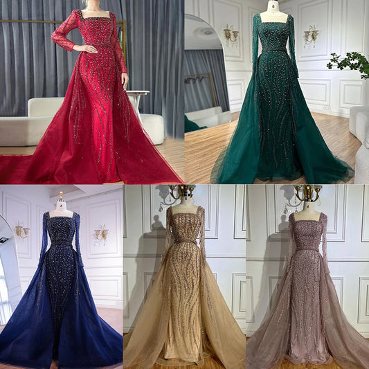 Square Neck Beaded Mermaid Evening Dress with Sleeves – Floor-Length Gown