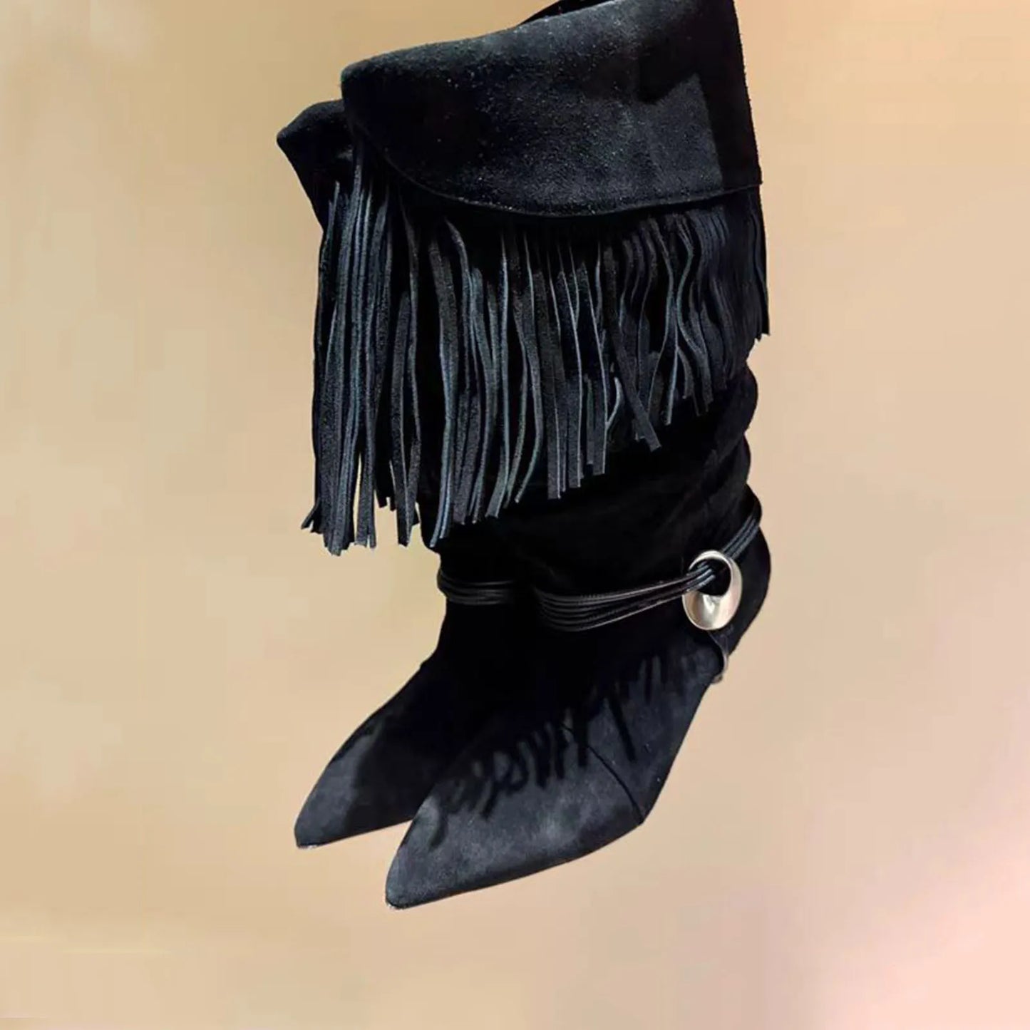 Arden Furtado 2025 Spring suede tassels Mid-Calf boots Pointed toe Turned-over Edge Middle heel Large tubular boots cowboy boots