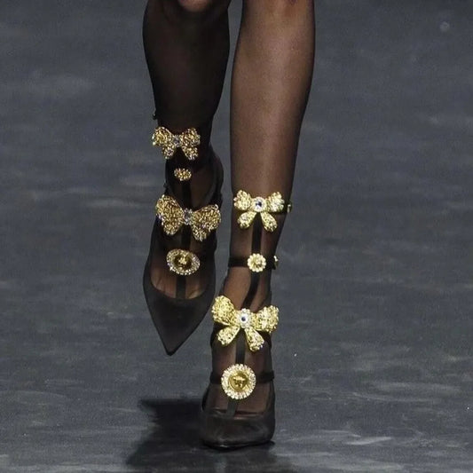 High Heels Women's Black Luxury Diamond Studded Butterfly Buckle Strap Sandals Sexy Pointed Thin Heels