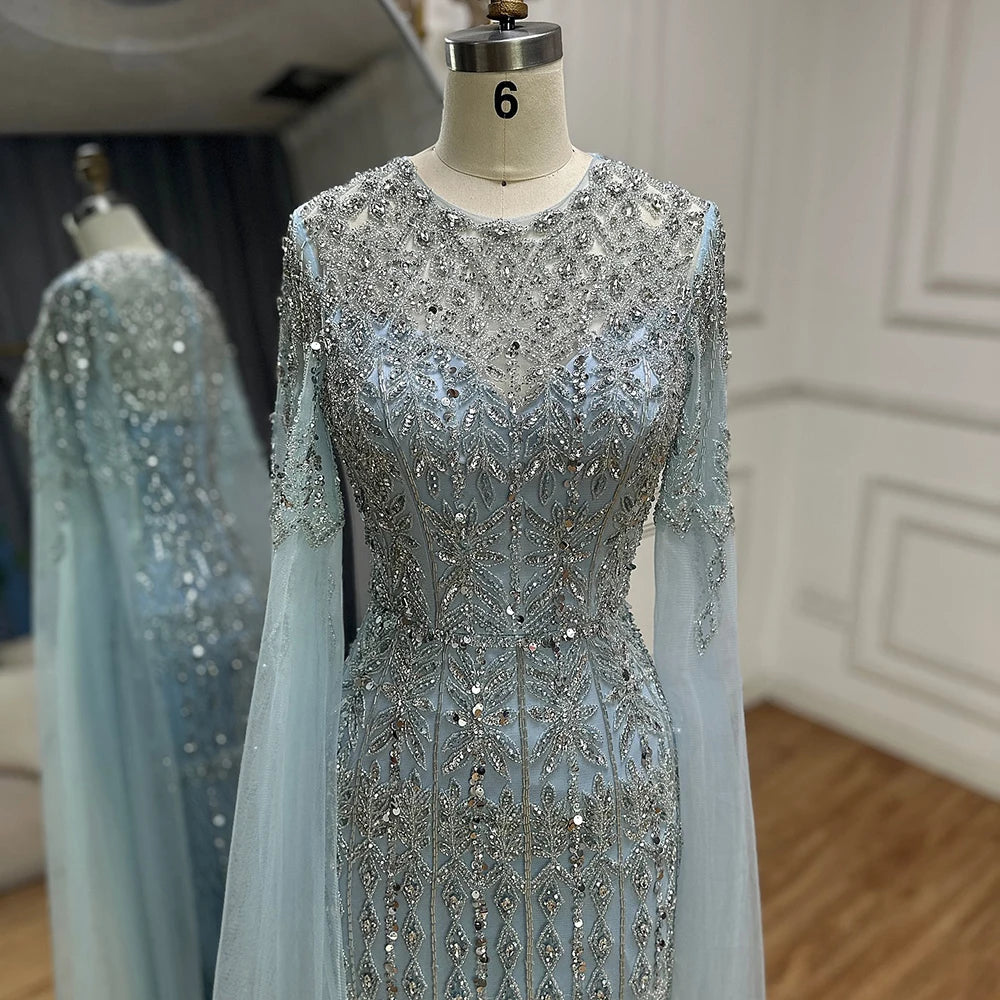 Beaded Mermaid Evening Dress with Sleeves – Abstract Pattern Tulle Gown with Court Train