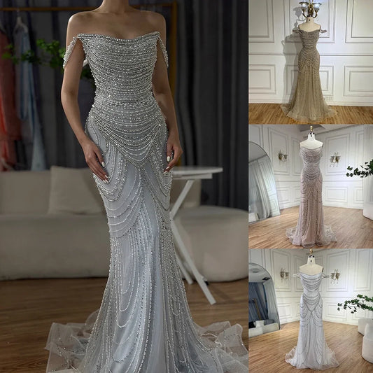 Elegant Strapless Beaded Mermaid Evening Dress – Floor-Length Tulle Gown