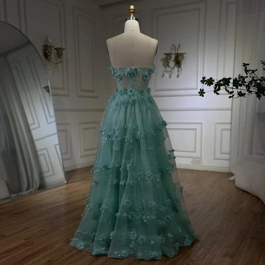 Customized 2025 Arabic Mint Strapless Elegant Flowers Evening Dresses