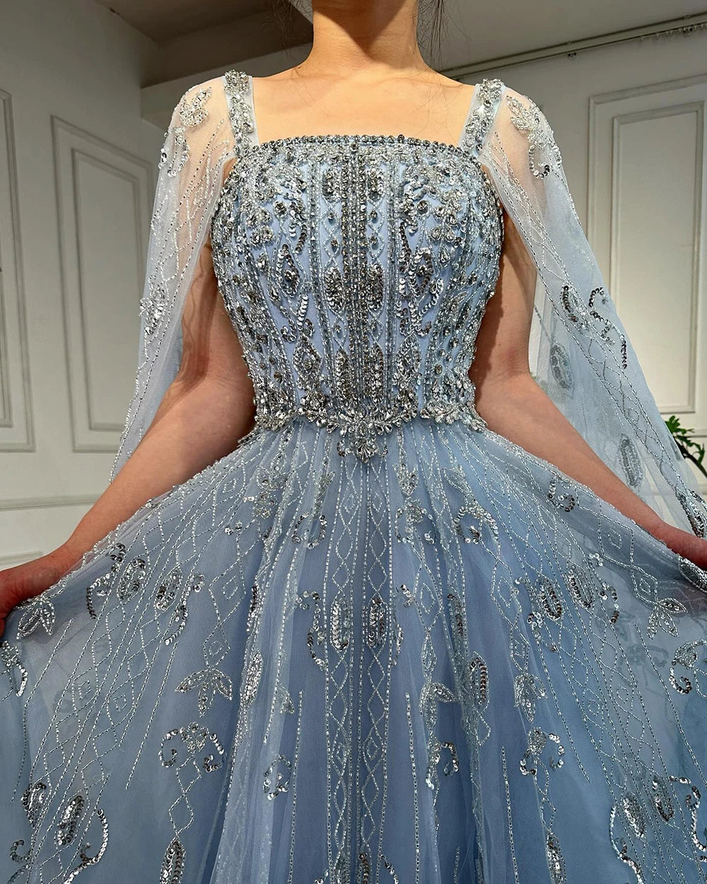 A-Line Evening Dress with Beading, Crystals & Tassels – Cap Sleeve Square Neck Gown with Court Train