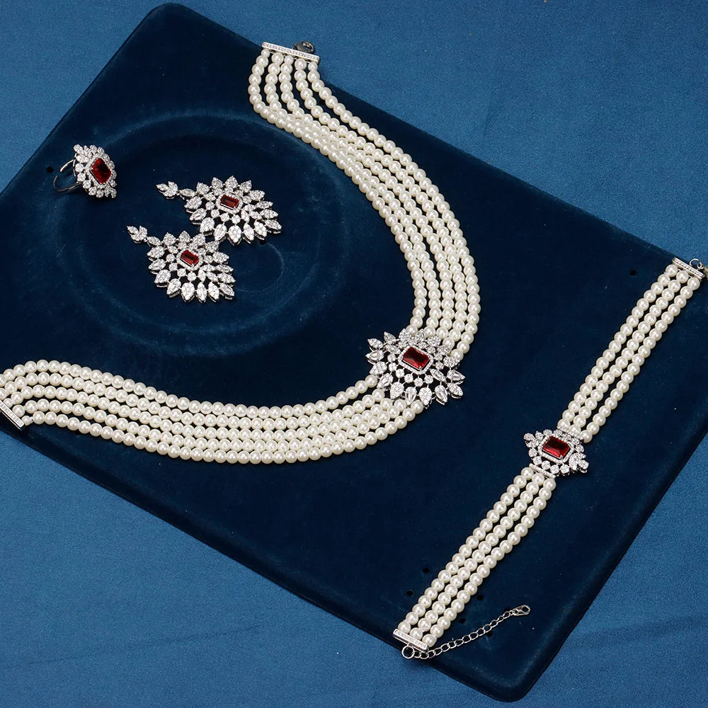Gorgeous 5 Layered Imitation Pearl Choker with Cubic Zirconia Pendant Necklaces Bracelet Zircon 4PCS Jewelry Set